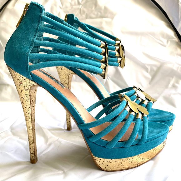 H by Halston Shoes - H by Halston Turquoise and Gold High Heel Platform Strappy Sandals 8